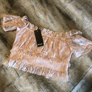 NastyGal pink lace off shoulder crop top